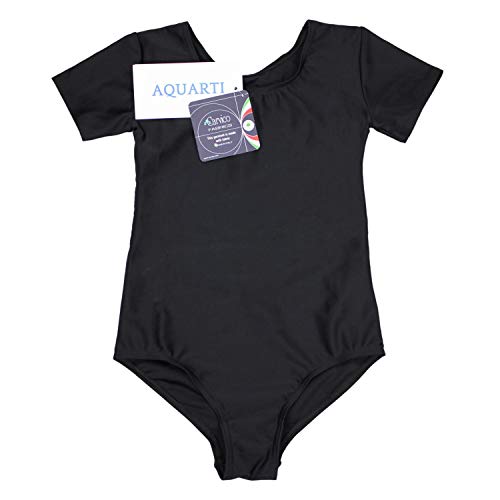 Aquarti Maillot de Gimnasia con Manga Corta para Niñas, Negro, 152