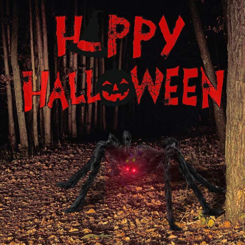 Araña Gigante, Decoracion Halloween Jardin con 125cm Araña con Ojos Rojos LED, Ruidos espeluznantes + 20 Mini Arañas + Telarañas Estirable, Accesorios de Decoracion Halloween Terror Exterior Casa