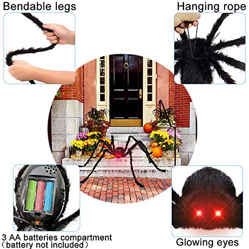 Araña Gigante, Decoracion Halloween Jardin con 125cm Araña con Ojos Rojos LED, Ruidos espeluznantes + 20 Mini Arañas + Telarañas Estirable, Accesorios de Decoracion Halloween Terror Exterior Casa