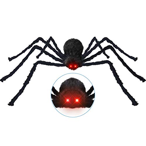 Araña Gigante, Decoracion Halloween Jardin con 125cm Araña con Ojos Rojos LED, Ruidos espeluznantes + 20 Mini Arañas + Telarañas Estirable, Accesorios de Decoracion Halloween Terror Exterior Casa