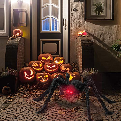 Araña Halloween, Decoracion Halloween Jardin incluye Araña gigante con Ojos iluminados y Sonido espeluznante, Telaraña, 20 mini Arañas, Telaraña Decor aterradora para Halloween fiesta, Puerta, Casa