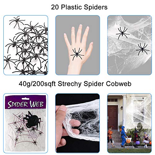 Araña Halloween, Decoracion Halloween Jardin incluye Araña gigante con Ojos iluminados y Sonido espeluznante, Telaraña, 20 mini Arañas, Telaraña Decor aterradora para Halloween fiesta, Puerta, Casa