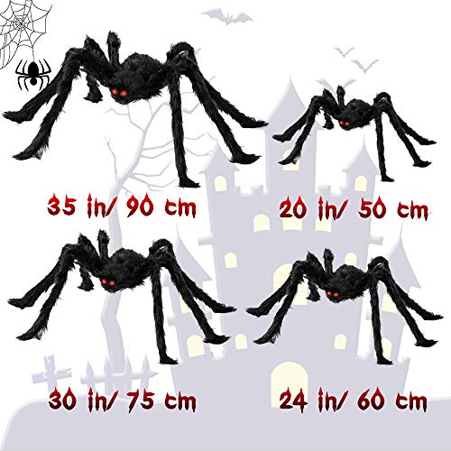 Arañas Halloween, Decoraciones de Halloween Casa con 4 Piezas Arañas gigante (90 /75 /60 /50cm ) + 10 ㎡ Telaraña + Telarañas estirables + 20 mini Arañas, Halloween Terror Decor de Fiesta Exteriores