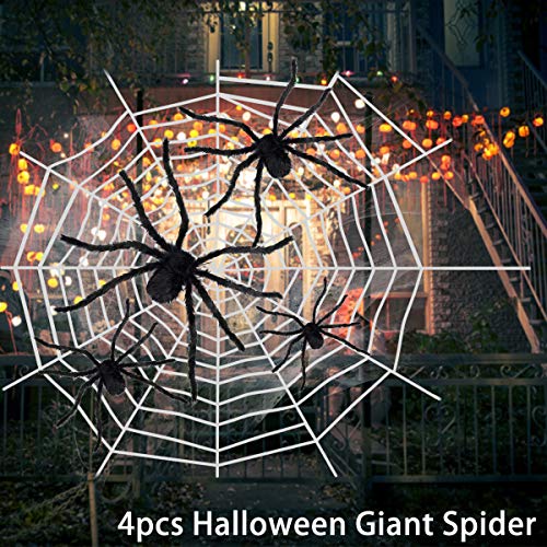 Arañas Halloween, Decoraciones de Halloween Casa con 4 Piezas Arañas gigante (90 /75 /60 /50cm ) + 10 ㎡ Telaraña + Telarañas estirables + 20 mini Arañas, Halloween Terror Decor de Fiesta Exteriores