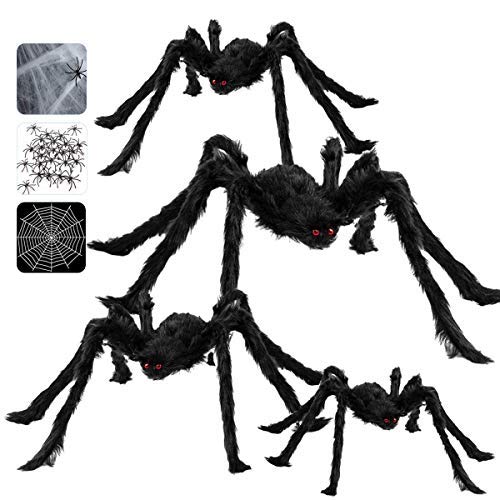 Arañas Halloween, Decoraciones de Halloween Casa con 4 Piezas Arañas gigante (90 /75 /60 /50cm ) + 10 㔠Telaraña + Telarañas estirables + 20 mini Arañas, Halloween Terror Decor de Fiesta Exteriores Arañas Halloween, Decoraciones de Halloween Casa con 4 Piezas Arañas gigante (90 /75 /60 /50cm ) + 10 㔠Telaraña + Telarañas estirables + 20 mini Arañas, Halloween Terror Decor de Fiesta Exteriores