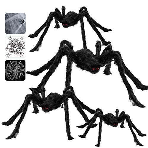 Arañas Halloween, Decoraciones de Halloween Casa con 4 Piezas Arañas gigante (90 /75 /60 /50cm ) + 10 ㎡ Telaraña + Telarañas estirables + 20 mini Arañas, Halloween Terror Decor de Fiesta Exteriores