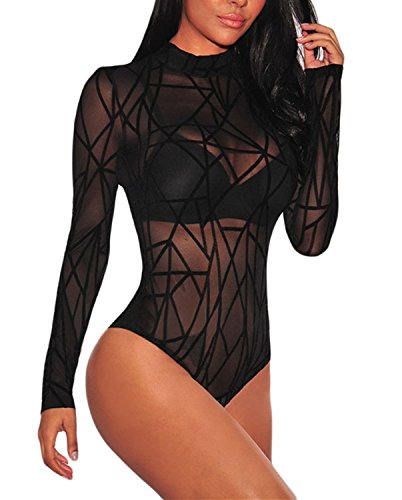 Aranmei Body Elástico para Mujer Body De Manga Larga para Mujer Mono Leotardo Bodycon Jumpsuit Bodysuit Lencería（Rayado Negro, Medium）