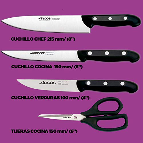 Arcos Juego de Cuchillos | Arcos cuchillos Cocina | Arcos cuchillo juego | Arcos Maitre cuchillos | 4 piezas | Chef (215 mm) + Cuchillo Cocina (150 mm) + Cuchillo Verduras (100 mm) + Tijera cocina