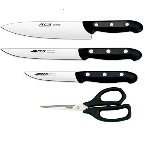 Arcos Juego de Cuchillos | Arcos cuchillos Cocina | Arcos cuchillo juego | Arcos Maitre cuchillos | 4 piezas | Chef (215 mm) + Cuchillo Cocina (150 mm) + Cuchillo Verduras (100 mm) + Tijera cocina