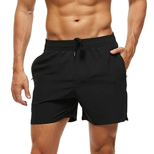 Arcweg Bañadores Hombres Pantalones Cortos Hombres Deportes con Malla Forro Elástico Correas Ajustable Bolsillos con Cremallera Secado Rápido Playa Verano Talla XL/Es 44 Negro