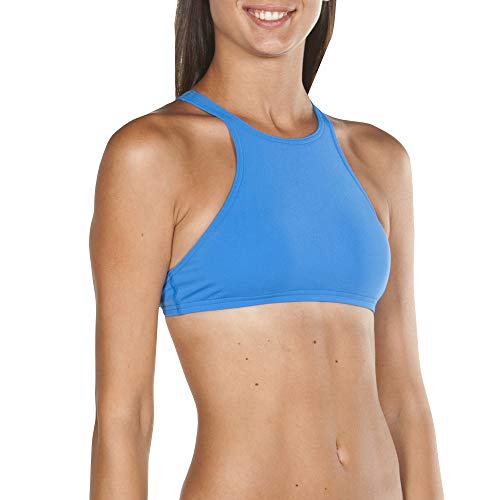 ARENA Crop Think Top de Bikini de Entrenamiento, Mujer, Azul (Pix) / Amarillo (Yellow Star), S