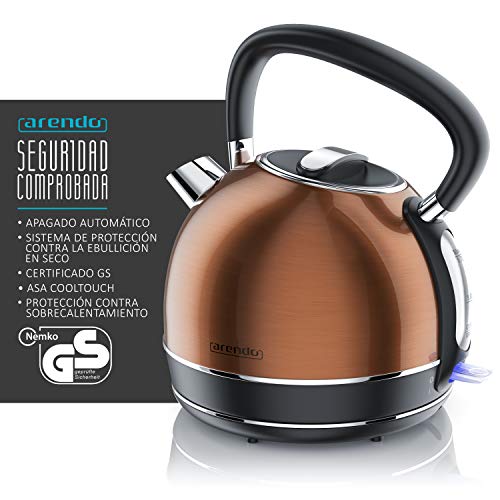 arendo - Hervidor de Agua Eléctrico de Acero Inoxidable de Estilo Retro Vintage Tetera - 2200W - 1,7 litros - Tecla de desconexión LED Azul - Diseño Retro en Cobre