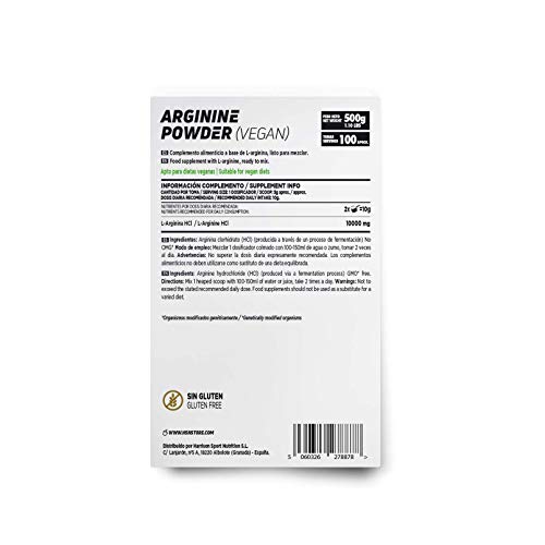 Arginina HCL en Polvo de HSN | Fórmula para Liberar Óxido Nítrico | Suplemento Deportivo para el Rendimiento | Vegano, Sin Lactosa, Sin Gluten, Sin Sabor, 500gr