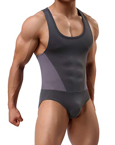 Arjen Kroos Body para Hombre Bodysuit Deportiva Leotardo Ropa Interior Sexy Deportivo de Hombre para Gimnasia Danza Bañador Bodies Elásticos (Gris, XL)