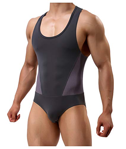 Arjen Kroos Body para Hombre Bodysuit Deportiva Leotardo Ropa Interior Sexy Deportivo de Hombre para Gimnasia Danza Bañador Bodies Elásticos (Gris, XL)
