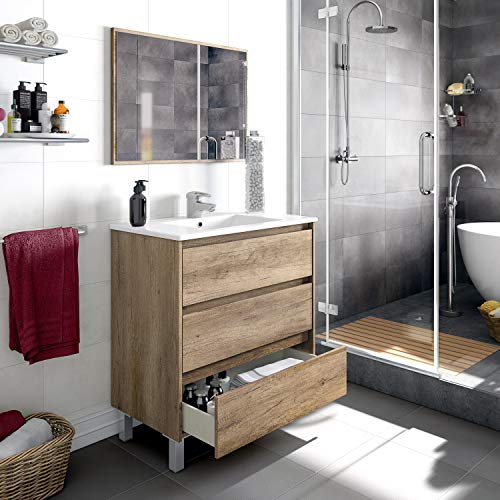 ARKITMOBEL Artikmobel 305050H - Mueble de Baño Dakota con Tres Cajones y Espejo, Modulo Lavabo Acabado en Color Nordik, 80 cm (Largo) x 86 cm (Alto) x 45 cm (Fondo)