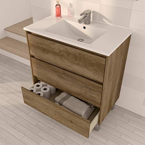 ARKITMOBEL Artikmobel 305050H - Mueble de Baño Dakota con Tres Cajones y Espejo, Modulo Lavabo Acabado en Color Nordik, 80 cm (Largo) x 86 cm (Alto) x 45 cm (Fondo)