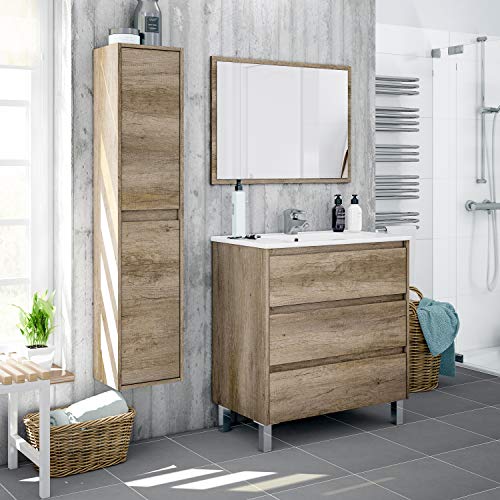 ARKITMOBEL Artikmobel 305050H - Mueble de Baño Dakota con Tres Cajones y Espejo, Modulo Lavabo Acabado en Color Nordik, 80 cm (Largo) x 86 cm (Alto) x 45 cm (Fondo)