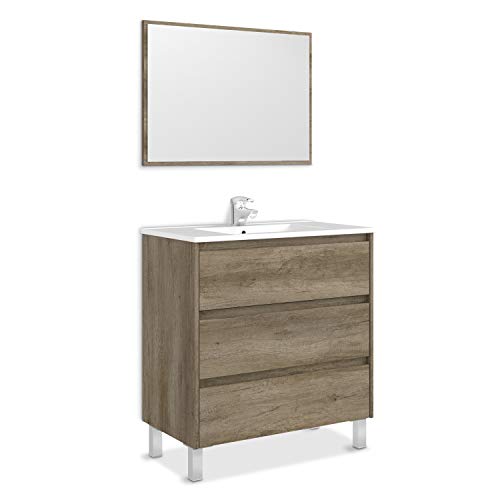 ARKITMOBEL Artikmobel 305050H - Mueble de Baño Dakota con Tres Cajones y Espejo, Modulo Lavabo Acabado en Color Nordik, 80 cm (Largo) x 86 cm (Alto) x 45 cm (Fondo)