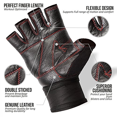 Armageddon Sports Guantes de fitness de piel auténtica con muñequeras perfectas para deporte y gimnasio (línea roja negra, S)