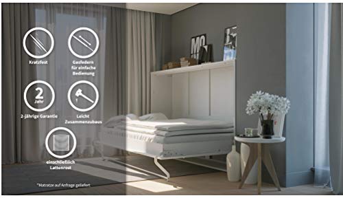 Armario de pared plegable horizontal con cama plegable integrada, 140 x 200 cm (roble country/blanco mate)