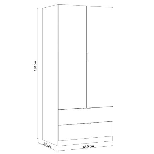 Armario Ropero 2 Puertas y 2 Cajones, Armario Habitación, Modelo Low Cost, Acabado en Color Blanco Artik, Medidas: 81,5 cm (Ancho) x 181 cm (Alto) x 52 cm (Fondo)