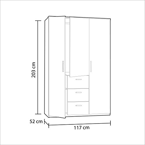 Armario tres puertas y tres cajones, acabado en color Blanco Brillo, medidas: 117 cm (Ancho) x 203 cm (Alto) x 52 cm (Fondo)