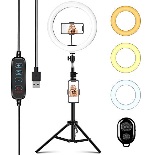 Aro de Luz con Trípode 10", ITSHINY LED Anillo de Luz 3 Colores 11 Brillos Regulables, Wireless Control Remoto y Alimentado por USB, Aro de luz para Movil Tiktok Fotografía Maquillaje Selfie Youtube