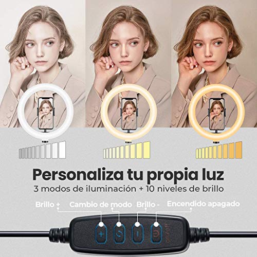 Aro de luz VicTsing, Anillo de Luz Trípode LED 10", 3 Modos Luz + 10 Niveles Brillo Regulables Wireless Control Remoto, para Movil TIK Tok, Maquillaje, Selfie, Streaming, Youtube