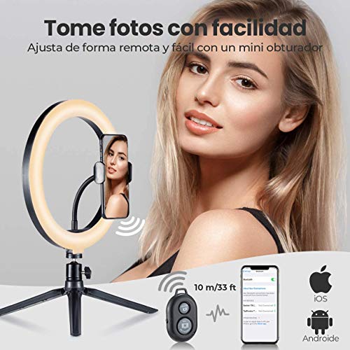 Aro de luz VicTsing, Anillo de Luz Trípode LED 10", 3 Modos Luz + 10 Niveles Brillo Regulables Wireless Control Remoto, para Movil TIK Tok, Maquillaje, Selfie, Streaming, Youtube