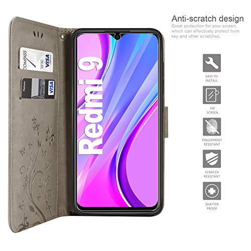 AROYI Funda Compatible con Xiaomi Redmi 9 y Protector de Pantalla, Relieve Dibujo Carcasa de Tipo Libro Soporte Plegable Ranuras para Tarjetas Magnético Ultra Delgado Carcasa Case, Gris