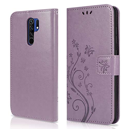 AROYI Funda Compatible con Xiaomi Redmi 9 y Protector de Pantalla, Relieve Dibujo Carcasa de Tipo Libro Soporte Plegable Ranuras para Tarjetas Magnético Ultra Delgado Carcasa Case, Gris