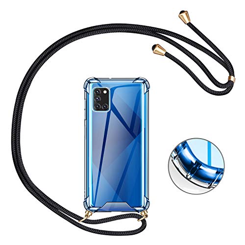 AROYI Funda con Cuerda Compatible con Samsung Galaxy A31 y Protector Pantalla, Carcasa Transparente TPU Silicona Case con Colgante Ajustable Cordón Compatible con Samsung Galaxy A31, Negro