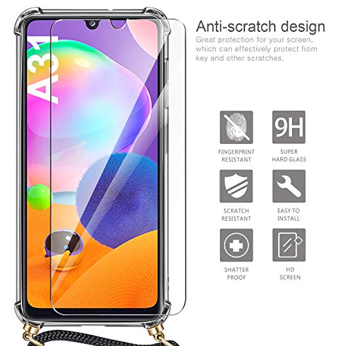 AROYI Funda con Cuerda Compatible con Samsung Galaxy A31 y Protector Pantalla, Carcasa Transparente TPU Silicona Case con Colgante Ajustable Cordón Compatible con Samsung Galaxy A31, Negro