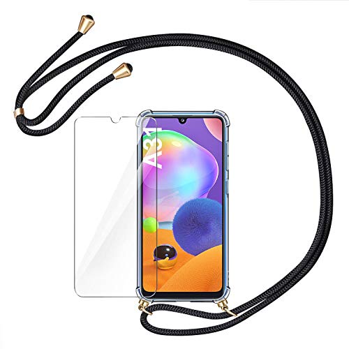 AROYI Funda con Cuerda Compatible con Samsung Galaxy A31 y Protector Pantalla, Carcasa Transparente TPU Silicona Case con Colgante Ajustable Cordón Compatible con Samsung Galaxy A31, Negro AROYI Funda con Cuerda Compatible con Samsung Galaxy A31 y Protector Pantalla, Carcasa Transparente TPU Silicona Case con Colgante Ajustable Cordón Compatible con Samsung Galaxy A31, Negro