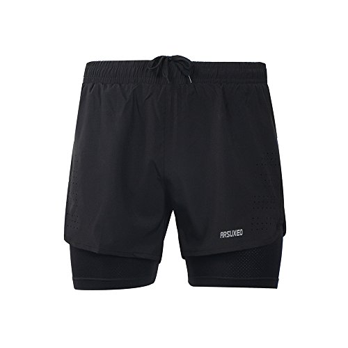 ARSUXEO Pantalones Cortos Hombre Deporte Trabajo Pantalones Cortos para de Running con Bolsillo con Cremallera B179 Negro L