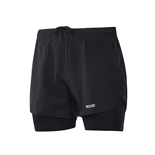 ARSUXEO Pantalones Cortos Hombre Deporte Trabajo Pantalones Cortos para de Running con Bolsillo con Cremallera B179 Negro L