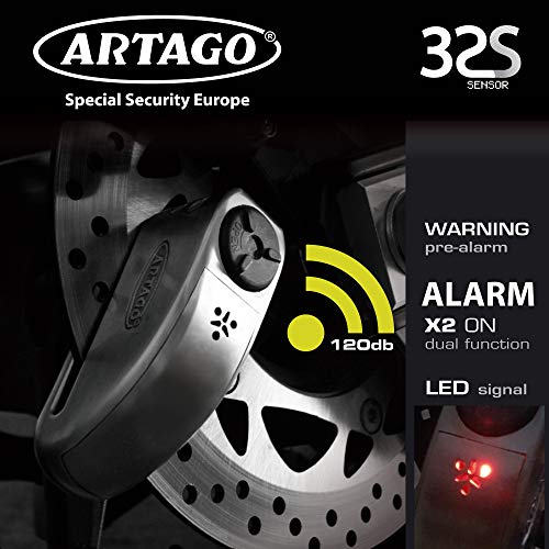 Artago 32 Candado antirrobo Moto Disco Alarma Don't Touch 120 db Alta Gama, ø15 Cierre S.A.A, homologado Sra, Acero Inoxidable