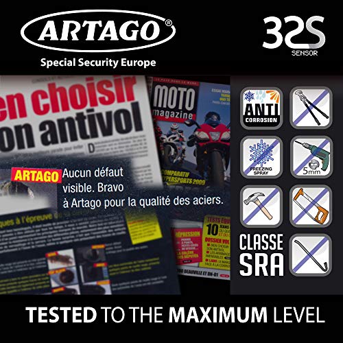 Artago 32 Candado antirrobo Moto Disco Alarma Don't Touch 120 db Alta Gama, ø15 Cierre S.A.A, homologado Sra, Acero Inoxidable