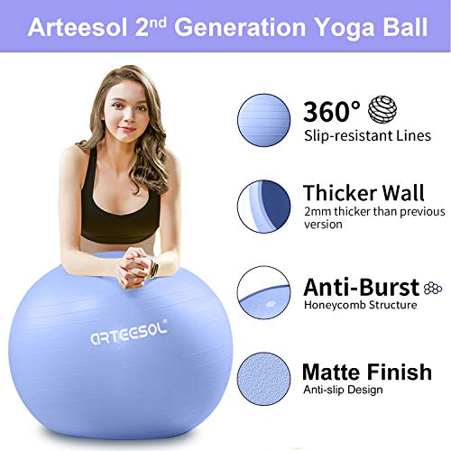 arteesol Pelota de Ejercicio, 45cm/55cm/65cm/75cm Pelota de Yoga Fitness Estabilizador Resistente Bola de Equilibrio con Bomba rápida para la Fuerza del núcleo (65cm, Cielo Azul)