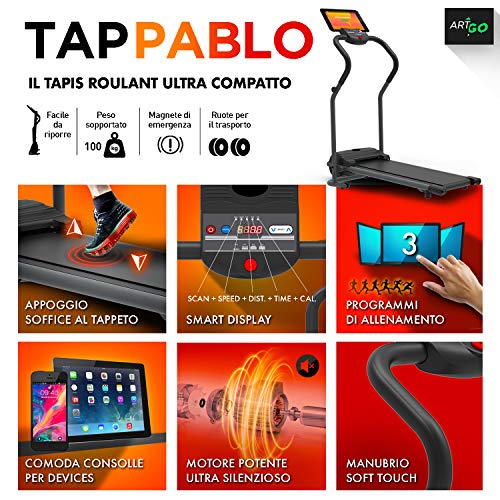 ArtGo Pablo Cinta de Correr Plegable Eléctrica Compact, Velocidad máxima de 7 km/h, Soporte para Tableta, Ruedas de Transporte, Manillar Suave al Tacto, Alfombra de Viaje Maxy Grip ArtGo Pablo Cinta de Correr Plegable Eléctrica Compact, Velocidad máxima de 7 km/h, Soporte para Tableta, Ruedas de Transporte, Manillar Suave al Tacto, Alfombra de Viaje Maxy Grip