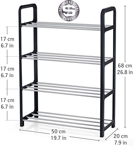 ArtMoon Banff Zapatero de 4 Pisos, Organizador de Calzados para Espacios Pequeños, Estantería para Almacenar hasta 8 Pares, Estantes de Barras de Metal y Marco Plástico Negro