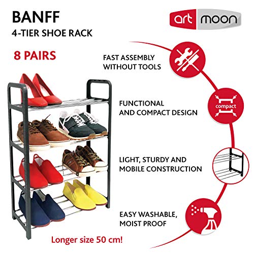 ArtMoon Banff Zapatero de 4 Pisos, Organizador de Calzados para Espacios Pequeños, Estantería para Almacenar hasta 8 Pares, Estantes de Barras de Metal y Marco Plástico Negro