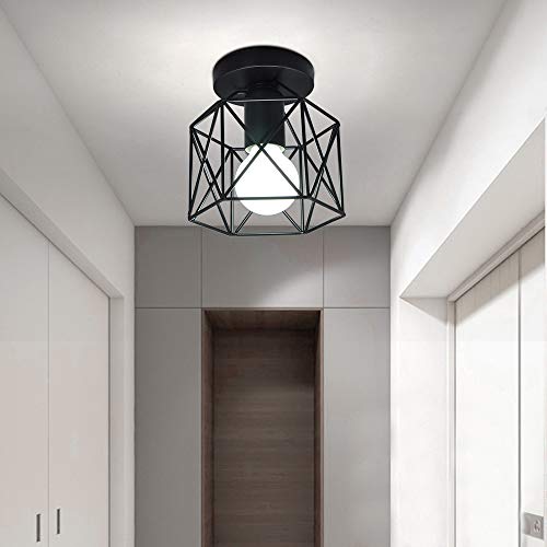 Artpad Vintage Loft Jaula de hierro negro Lámpara de techo LED 5W Luz de metal nórdico con luz blanca para cocina Dormitorio Balcón Barra de pasillo E27 Luminaria de techo geométrica