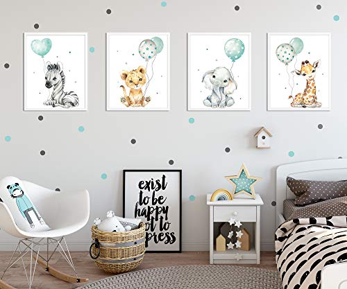 artpin Juego de 4 imágenes para habitación de niños, Menta verde decoración para niños y niñas, DIN A4, póster, diseño de animales de la jungla p63