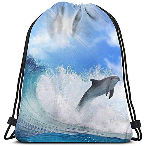 Arvolas Bolsas con cordón de Gimnasio Jump Dolphin Sunshine Wave String Pull Bag String Mochila Durable Cinch Bags Portable Sports Bag