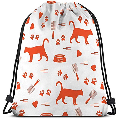 Arvolas Mochila Deportiva con cordón Patrón Agradable Silueta Caminando Rastros de Gato Corazones Tazón Peine Necesita Pelo Banner Volante Cartel Ferviente