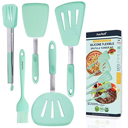 Aschef Juego de espátulas de Silicona Resistente al Calor Espátulas de Cocina Espátula Antiadherente para Panqueques con Brocha de Aceite, Clip, Apto para Huevos Fritos, Bistec, Tortitas y Repostería