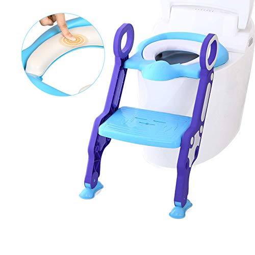 Aseo Escalera Asiento Escalera del Tocador de Niños Asiento para WC, 2 Escalones y Agarraderas Grandes, Antideslizante, Plegable, Altura Ajustable para 1-7 niños, Azul + Púrpura