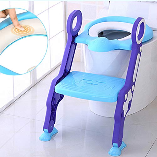 Aseo Escalera Asiento Escalera del Tocador de Niños Asiento para WC, 2 Escalones y Agarraderas Grandes, Antideslizante, Plegable, Altura Ajustable para 1-7 niños, Azul + Púrpura